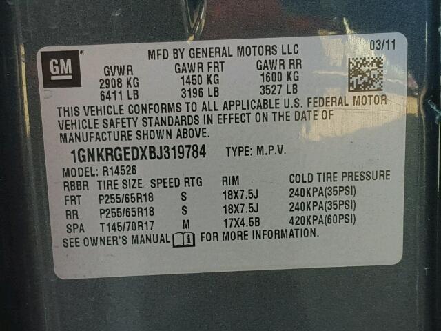 1GNKRGEDXBJ319784 - 2011 CHEVROLET TRAVERSE CHARCOAL photo 10