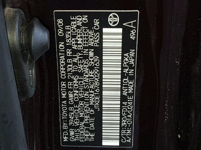 JTKDE167890291639 - 2009 TOYOTA SCION TC 紫色 照片 10