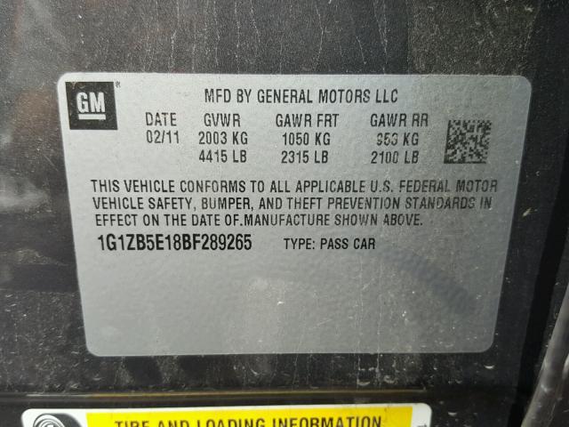 1G1ZB5E18BF289265 - 2011 CHEVROLET MALIBU LS GRAY photo 10