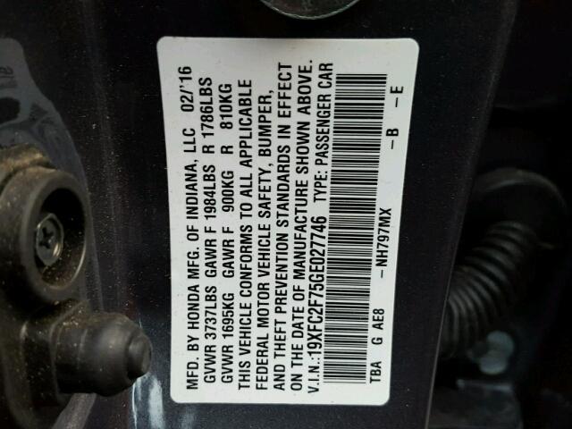 19XFC2F75GE027746 - 2016 HONDA CIVIC EX CHARCOAL photo 10