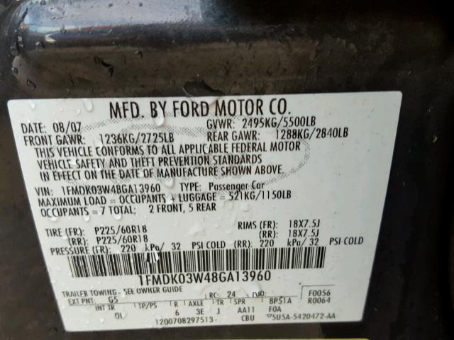 1FMDK03W48GA13960 - 2008 FORD TAURUS X L CHARCOAL photo 10