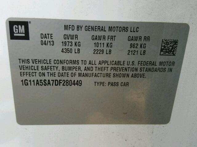 1G11A5SA7DF280449 - 2013 CHEVROLET MALIBU LS 白色 照片 10