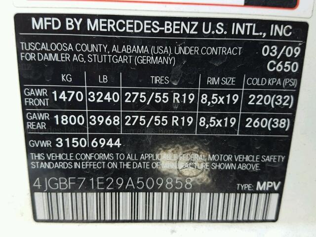 4JGBF71E29A509858 - 2009 MERCEDES-BENZ GL WHITE photo 10