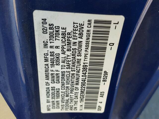 1HGEM22904L043891 - 2004 HONDA CIVIC BLUE photo 10