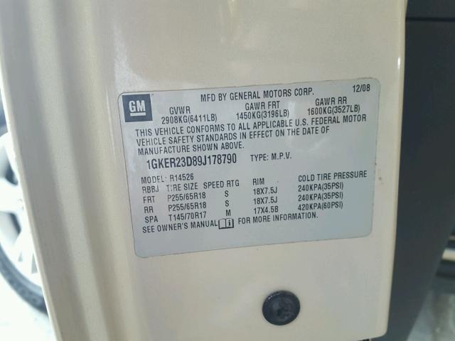 1GKER23D89J178790 - 2009 GMC ACADIA SLT ოქროსფერი ფოტო 10