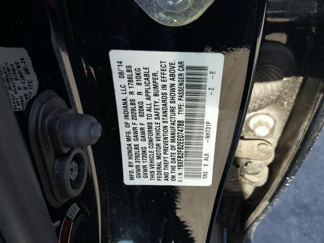 19XFB2F82EE074788 - 2014 HONDA CIVIC EX შავი ფოტო 10