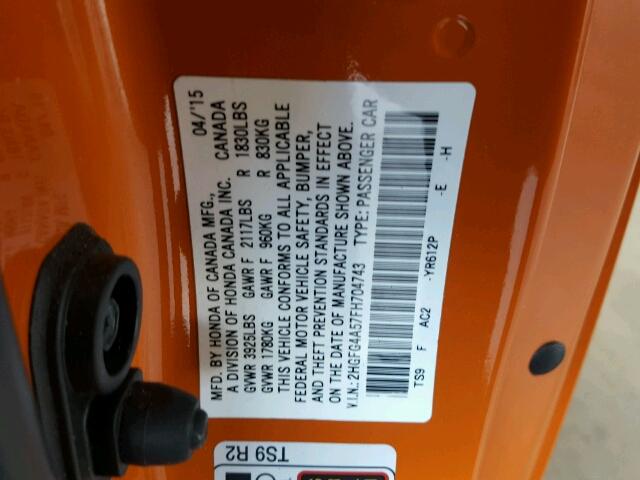 2HGFG4A57FH704743 - 2015 HONDA CIVIC SI ORANGE photo 10