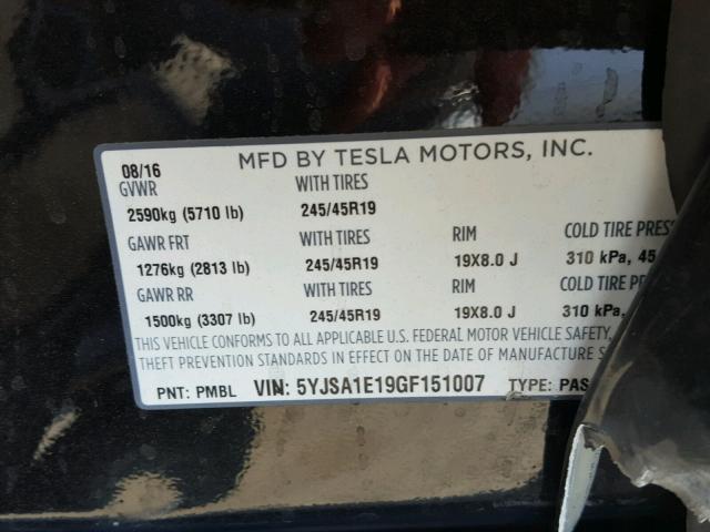 5YJSA1E19GF151007 - 2016 TESLA MODEL S BLACK photo 10