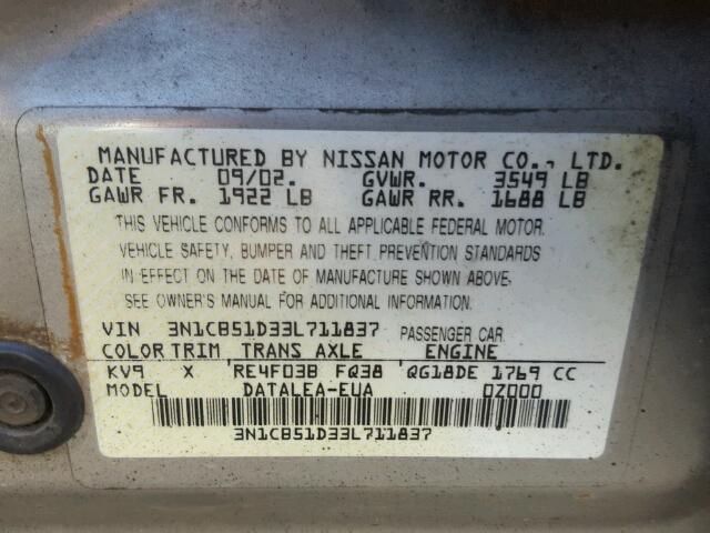 3N1CB51D33L711837 - 2003 NISSAN SENTRA XE GRAY photo 10