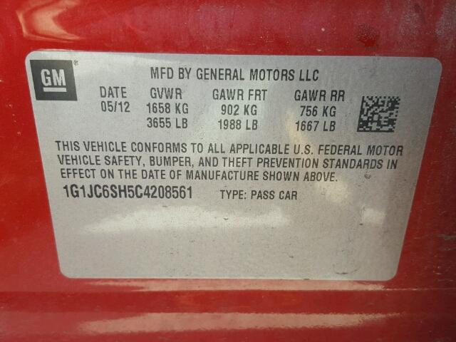 1G1JC6SH5C4208561 - 2012 CHEVROLET SONIC LT RED photo 10