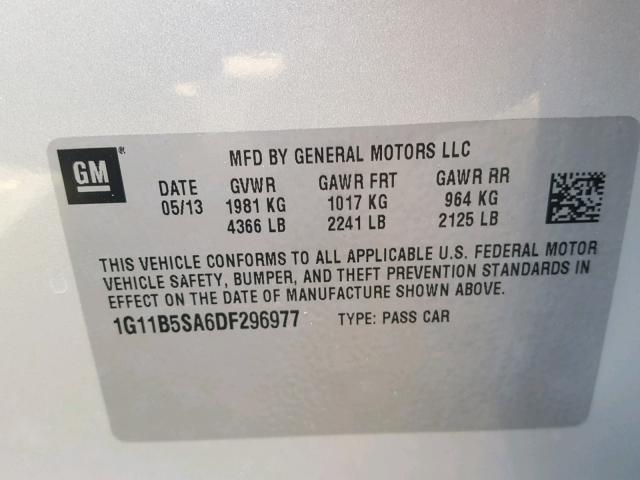 1G11B5SA6DF296977 - 2013 CHEVROLET MALIBU LS ვერცხლისფერი ფოტო 10