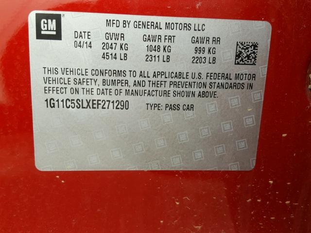 1G11C5SLXEF271290 - 2014 CHEVROLET MALIBU 1LT RED photo 10