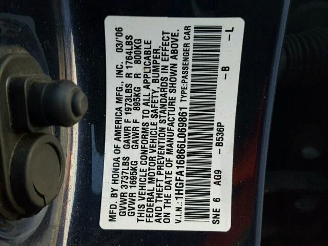 1HGFA16866L069861 - 2006 HONDA CIVIC EX ლურჯი ფოტო 10