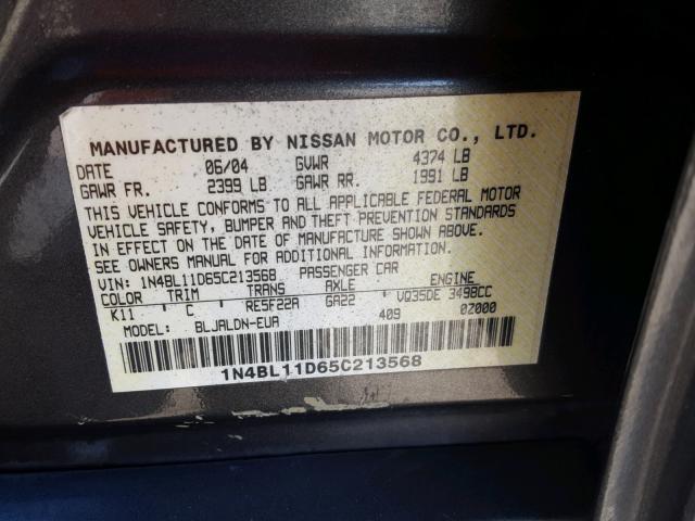 1N4BL11D65C213568 - 2005 NISSAN ALTIMA SE GRAY photo 10