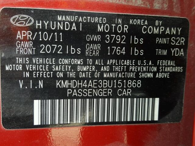 KMHDH4AE3BU151868 - 2011 HYUNDAI ELANTRA GL RED photo 10