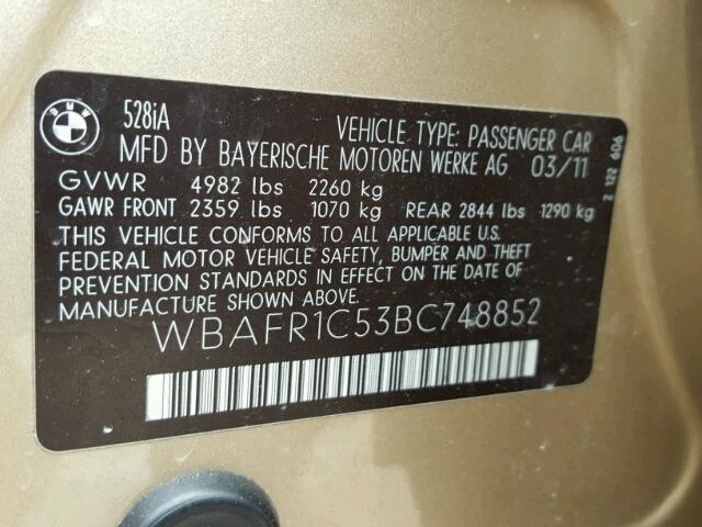 WBAFR1C53BC748852 - 2011 BMW 528 I GOLD photo 10