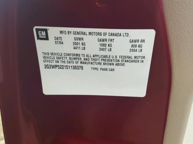 2G2WP522151136378 - 2005 PONTIAC GRAND PRIX Tünd qırmızı foto 10
