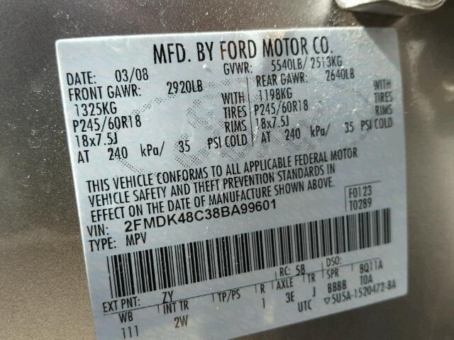 2FMDK48C38BA99601 - 2008 FORD EDGE GRAY photo 10