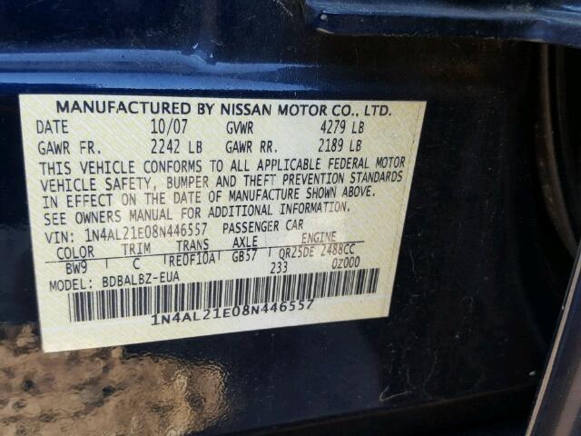 1N4AL21E08N446557 - 2008 NISSAN ALTIMA 2.5 BLUE photo 10