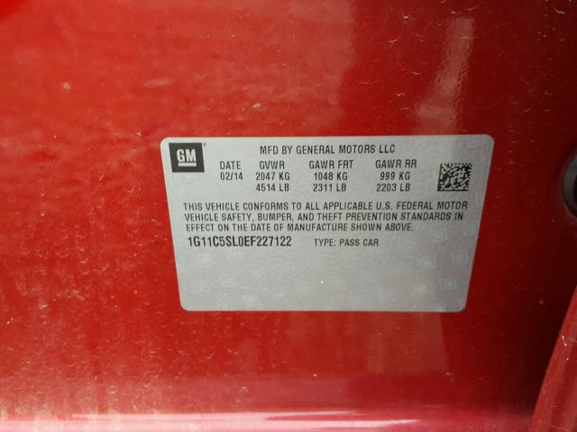 1G11C5SL0EF227122 - 2014 CHEVROLET MALIBU 1LT წითელი ფოტო 10