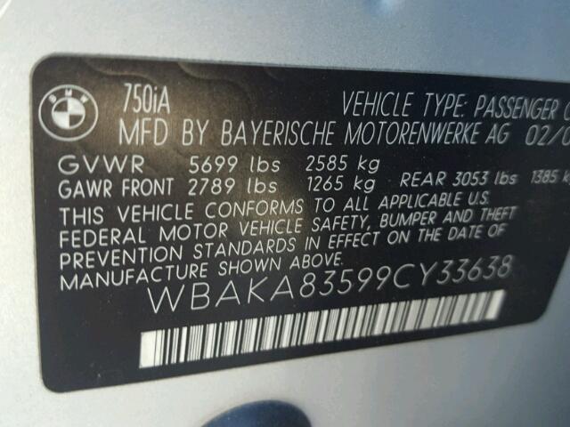 WBAKA83599CY33638 - 2009 BMW 750 SILVER photo 10