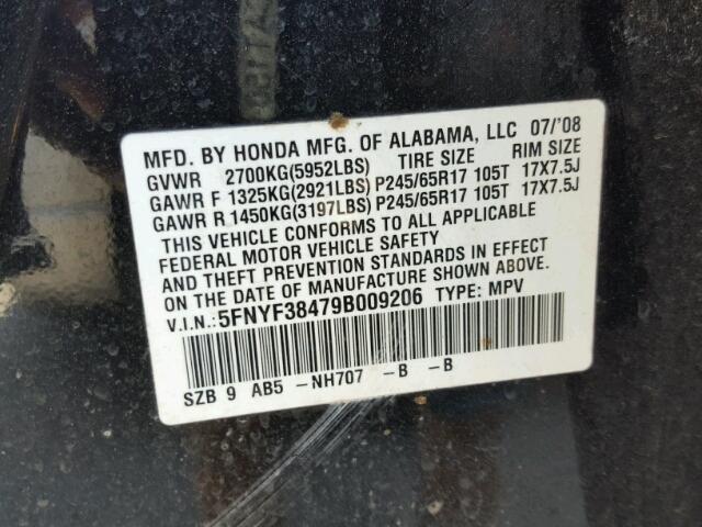 5FNYF38479B009206 - 2009 HONDA PILOT EX BLACK photo 10