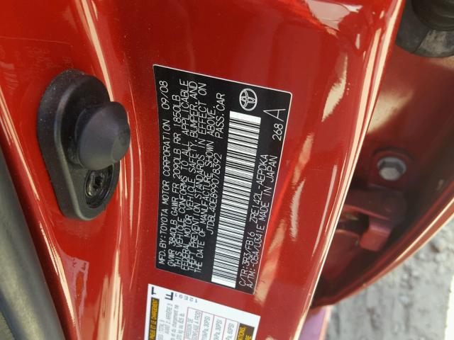 JTDBL40E899078392 - 2009 TOYOTA COROLLA BA RED photo 10