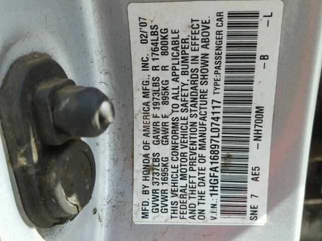 1HGFA16897L074117 - 2007 HONDA CIVIC EX SILVER photo 10