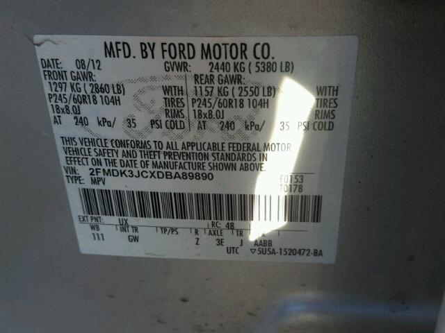 2FMDK3JCXDBA89890 - 2013 FORD EDGE SILVER photo 10