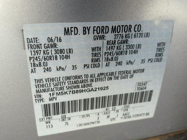 1FM5K7B89HGA21925 - 2017 FORD EXPLORER SILVER photo 10