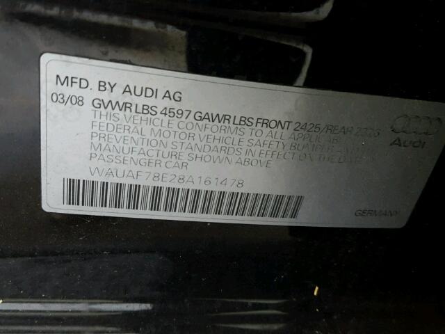 WAUAF78E28A161478 - 2008 AUDI A4 BLACK photo 10