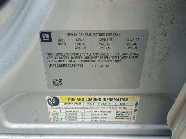 1G1ZC5EB8A4116314 - 2010 CHEVROLET MALIBU 1LT SILVER photo 10