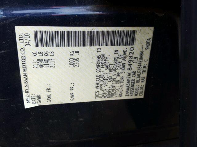 1N4AA5AP7AC849820 - 2010 NISSAN MAXIMA S Niebieski zdjęcie 10