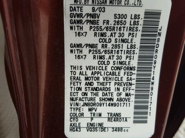 JN8DR09Y14W901711 - 2004 NISSAN PATHFINDER MAROON photo 10