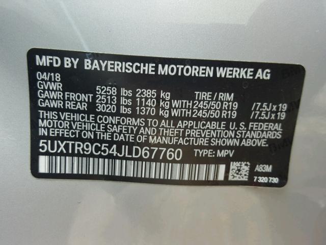 5UXTR9C54JLD67760 - 2018 BMW X3 XDRIVEM SILVER photo 10