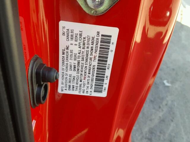 2HGFC3B31GH352876 - 2016 HONDA CIVIC EX წითელი ფოტო 10