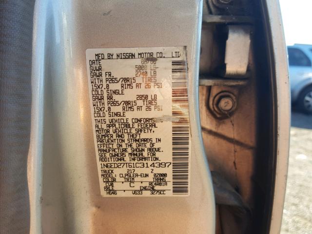 1N6ED27T61C314397 - 2001 NISSAN FRONTIER C GRAY photo 10