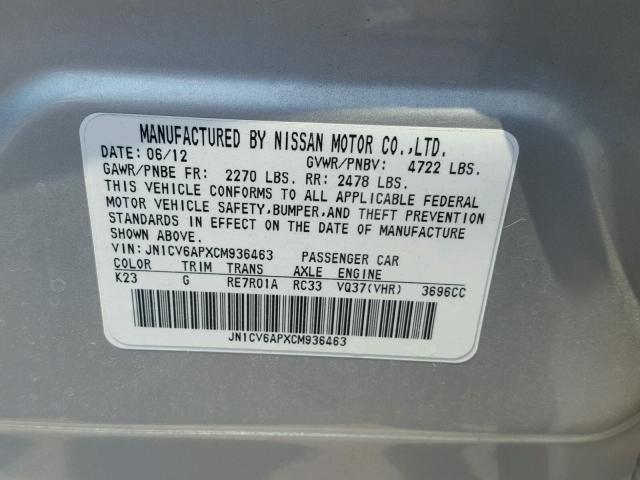 JN1CV6APXCM936463 - 2012 INFINITI G37 BASE SILVER photo 10