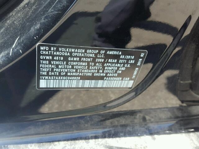 1VWAS7A3XGC046828 - 2016 VOLKSWAGEN PASSAT S შავი ფოტო 10