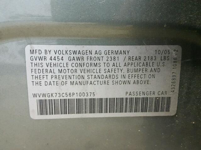 WVWGK73C56P100375 - 2006 VOLKSWAGEN PASSAT 2.0 GRAY photo 10