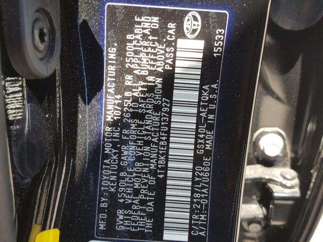 4T1BK1EB4FU137927 - 2015 TOYOTA AVALON XLE BLACK photo 10