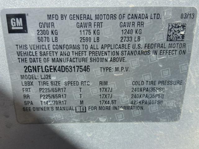 2GNFLGEK4D6317546 - 2013 CHEVROLET EQUINOX SILVER photo 10