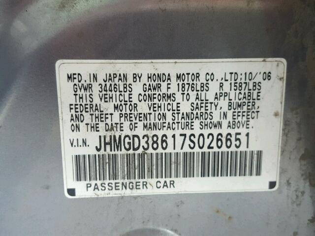 JHMGD38617S026651 - 2007 HONDA FIT S SILVER photo 10