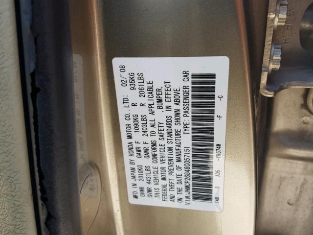 JHMCP26848C057151 - 2008 HONDA ACCORD EXL GOLD photo 10