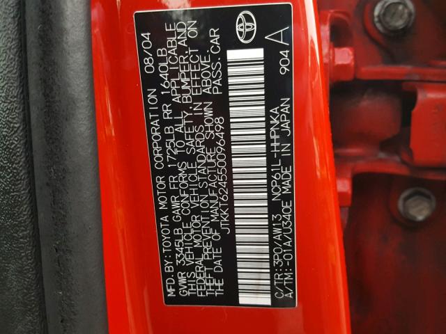 JTKKT624550096498 - 2005 TOYOTA SCION XA RED photo 10