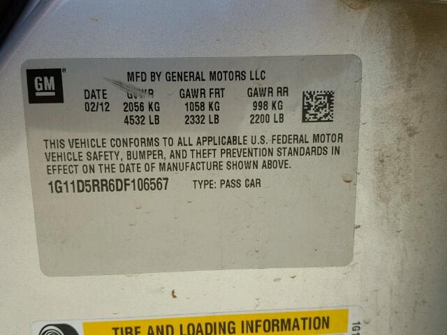 1G11D5RR6DF106567 - 2013 CHEVROLET MALIBU 1LT 银色 照片 10