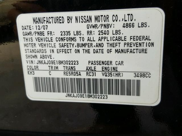 JNKAJ09E18M302223 - 2008 INFINITI EX35 BLACK photo 10