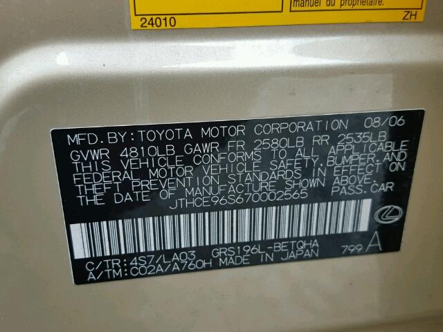 JTHCE96S670002565 - 2007 LEXUS GS TAN photo 10