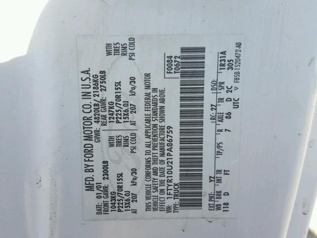 1FTYR10U21PA86759 - 2001 FORD RANGER WHITE photo 10