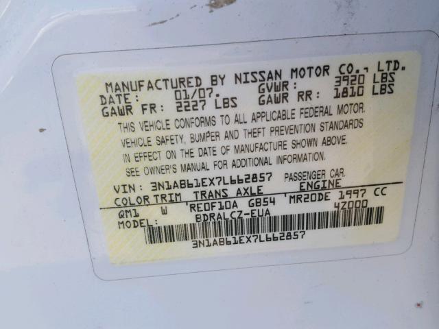 3N1AB61EX7L662857 - 2007 NISSAN SENTRA 2.0 WHITE photo 10